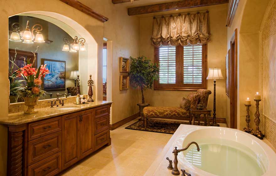 The rich warm tones used in this bathroom area with the Alder wood species and warm finish create a space that makes you want to stay and relax a while.