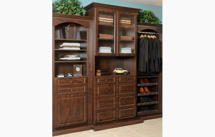 Deep and luxurious Chocolate Pear Deco-Form® is accented with a cool, blue wall color to create a dressed up space.