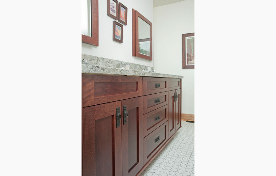 Craftsman style bathroom with Shaker 3/4" (831) Doors in Quarter Sawn Red Oak with a stately 3" frame.