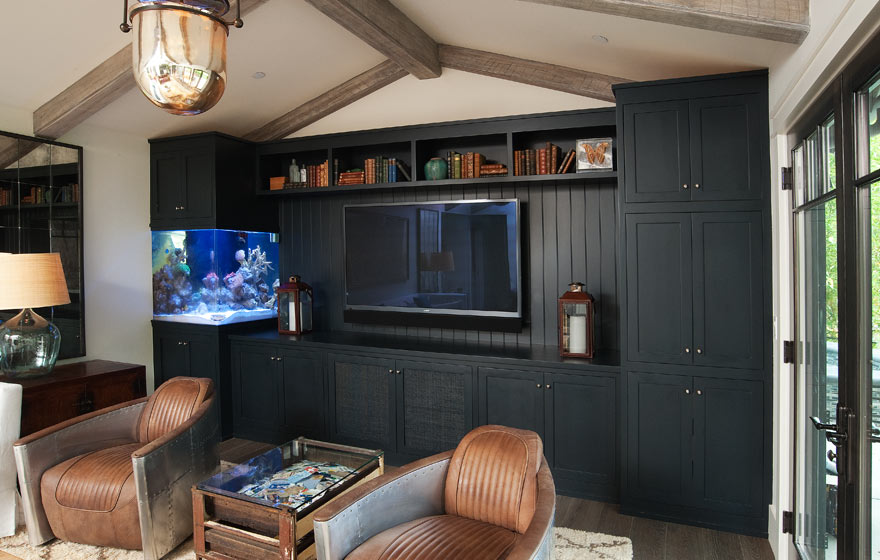 Pairing the Durango 3/4" (834) Door with a dark, dramatic paint color provides a stunning space for an entertainment area. 