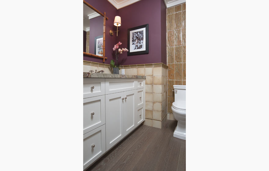 Painted Durango 3/4" (834) Doors provide great contrast for a dramatic color palette in this compact powder room.